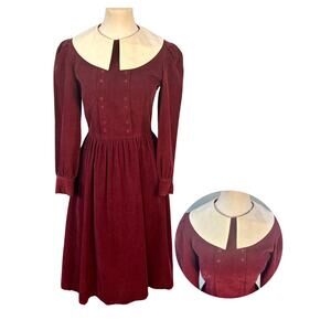 Vintage 70s Brenda Hollon Victorian Prairie Burgundy Cotton Corduroy Dress 6